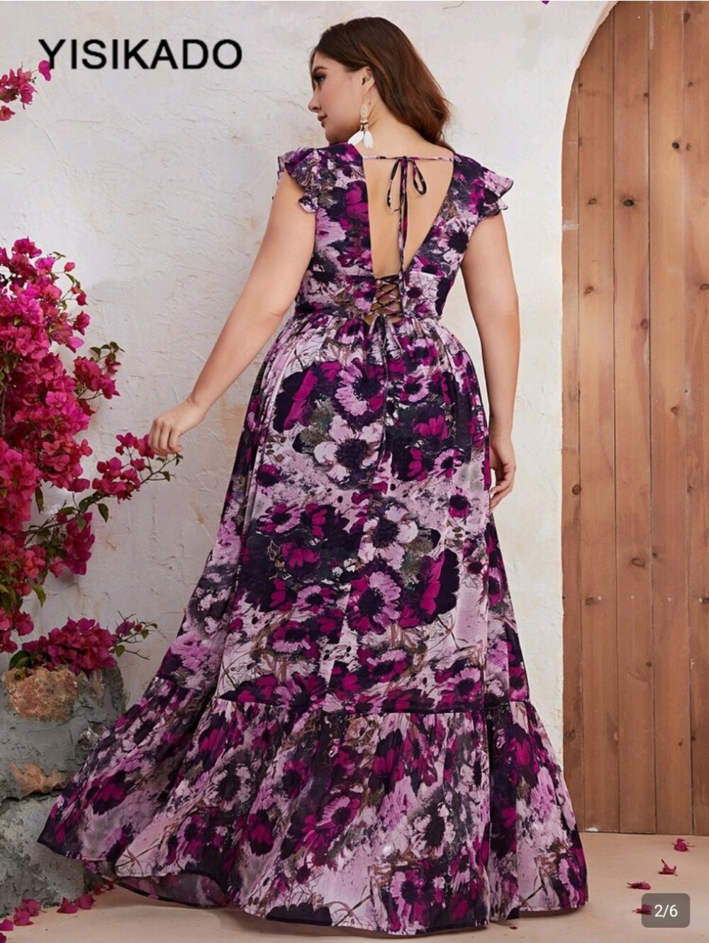 Dark Romantic Floral Maxi-Chiffon, Dress | Open Back Lace-Up | Wedding Guest - Picture 3 of 11